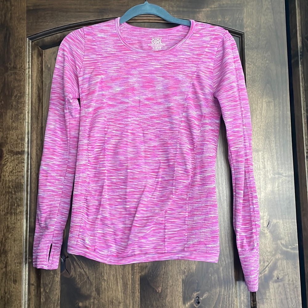 Athleta girl long sleeve top; pink striped, super soft, size L/12